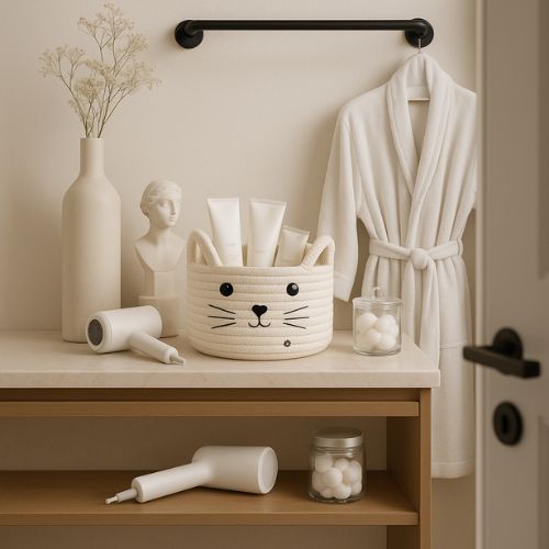 panier de rangement blanc sur etagere devant peignoire suspendu