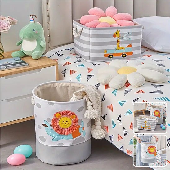 panier rangement rectangle girafe sur lit rond lion sol plus deux images