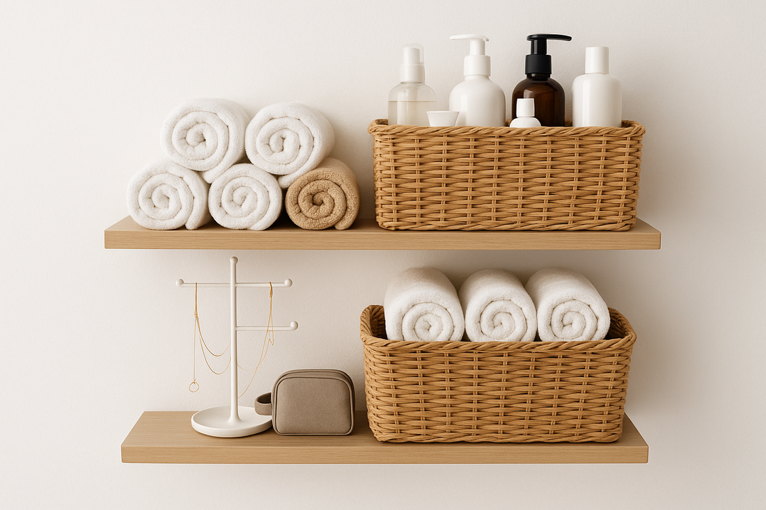 deux étagères en bois dessus tout est rangé serviettes paniers de rangement trousse arbre à bijoux