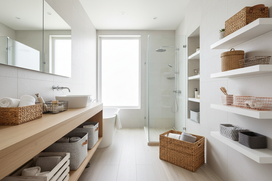 vue large dans salle de bain plein de paniers rangement divers