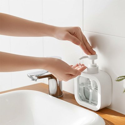 distributeur de savon blanc savon transparent deux mains