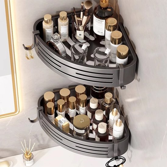 etagere dans douche deux noires plein produits dedans