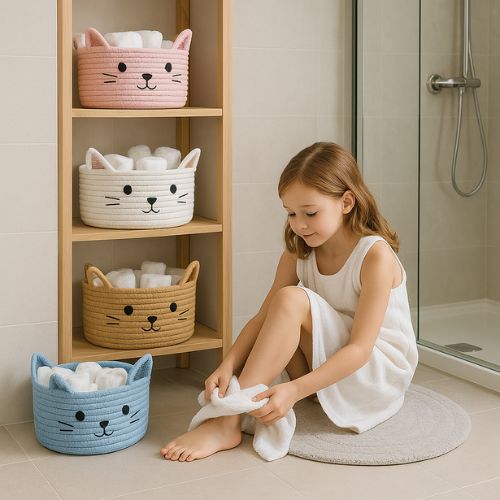 panier de rangement quatre couleurs sur etagere fillette essuie pieds