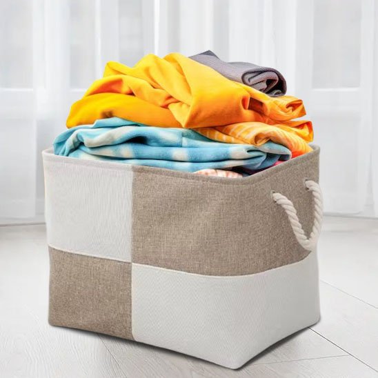 panier rangement beige blanc plein linge