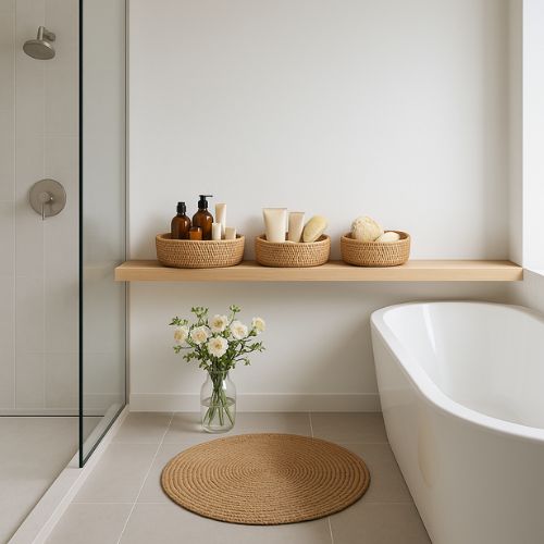 panier rangement en osier rond trois sur etagere produits dedans gauche baignoire droite douche