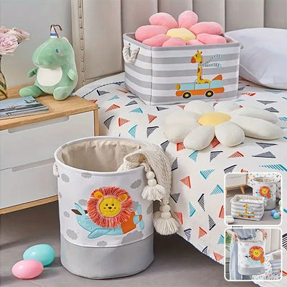 panier rangement rectangle girafe sur lit rond lion sol plus deux images