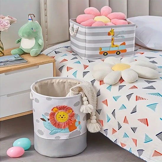 panier rangement rectangle girafe sur lit rond lion sol