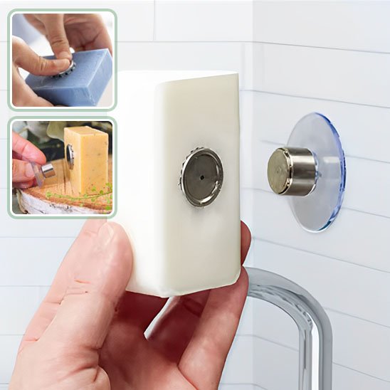 porte savon aimante avec savon blanc dessus robinet plus deux images