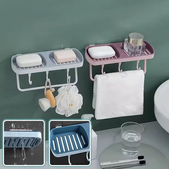 porte-savon mural deux meme niveau bleu rose plus deux petits encadres