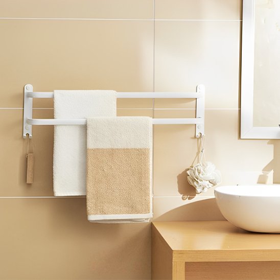 porte serviette mural deux serviettes blanc beige deux barres face