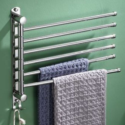 porte serviette mural salle de bain argent six barres une serviette bleue une serviette grise