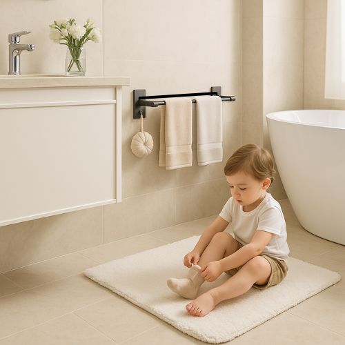 porte serviette salle de bain mural noir deux serviettes entre lavabo baignoire