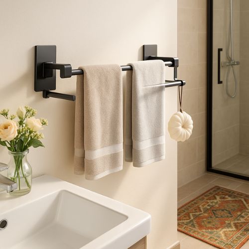 porte serviette salle de bain mural noir deux serviettes entre lavabo douche