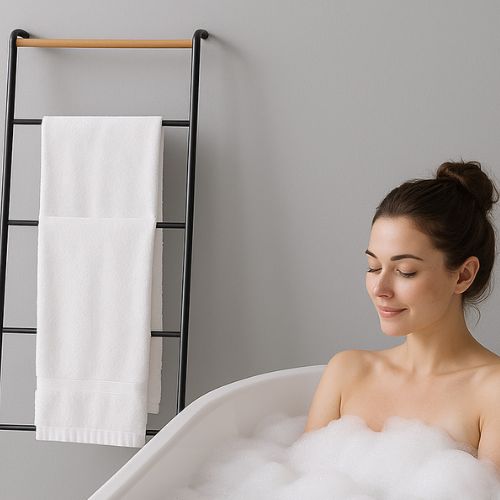 porte serviette sur pied noir serviette blanche femme prend bain moussant