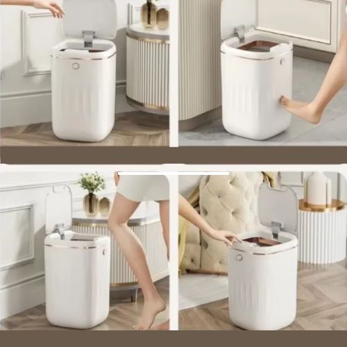 poubelle salle de bain quatre images expliquant utilisations mains ou genou pied