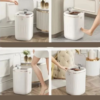 poubelle salle de bain quatre images expliquant utilisations mains ou genou pied